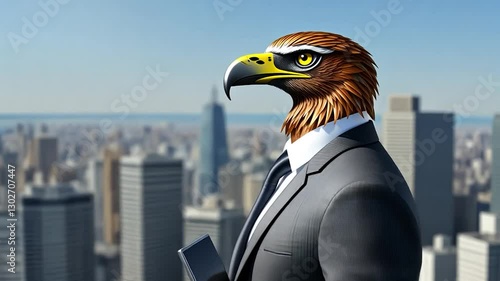 Businessman with an eagle head overlooking a city skyline, blending nature and urban life