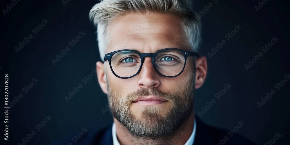 Obraz premium Confident bearded businessman with glasses in dark suit against modern office background symbolizing leadership corporate success and executive professionalism in business portrait