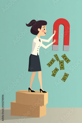 Magnetic Marketing: Businesswoman Attracting Money and Customers with Giant Magnet for Lead Generation