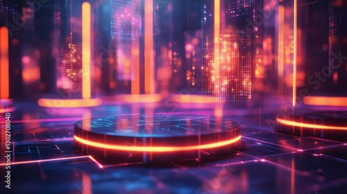 Wallpaper Mural Empty podium with glowing neon circuits in the background, surrounded by floating data points and virtual elements Torontodigital.ca