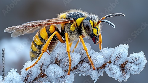Yellow jacket wasp on frosted branch, close-up, outdoors, icy background, nature, winter