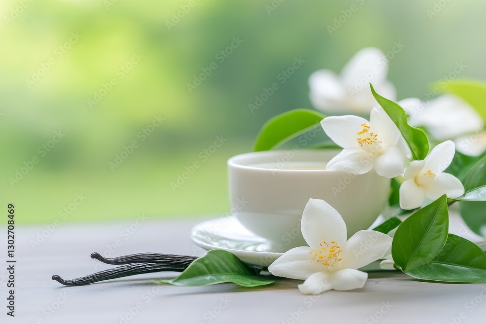 Elegant white flowers and vanilla beans accompany a cup of tea on a serene table setting in a natural outdoor environment Elegant white flowers and vanilla beans accompany a cup of tea on a serene table setting in a natural outdoor environment