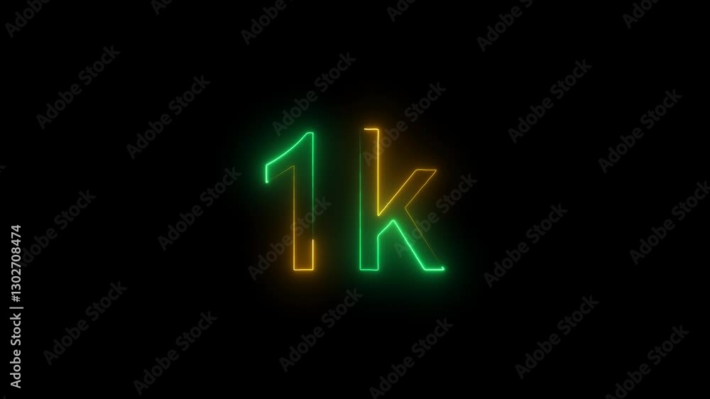glowing neon 1K text animation on black background. 1k Followers Celebration text animation. glowing neon 1K text animation on black background. 1k Followers Celebration text animation.