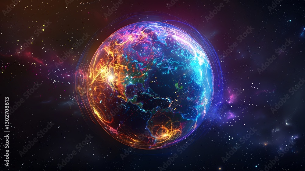 A digital rendering of the earth with glowing lines and a blue halo. A digital rendering of the earth with glowing lines and a blue halo.