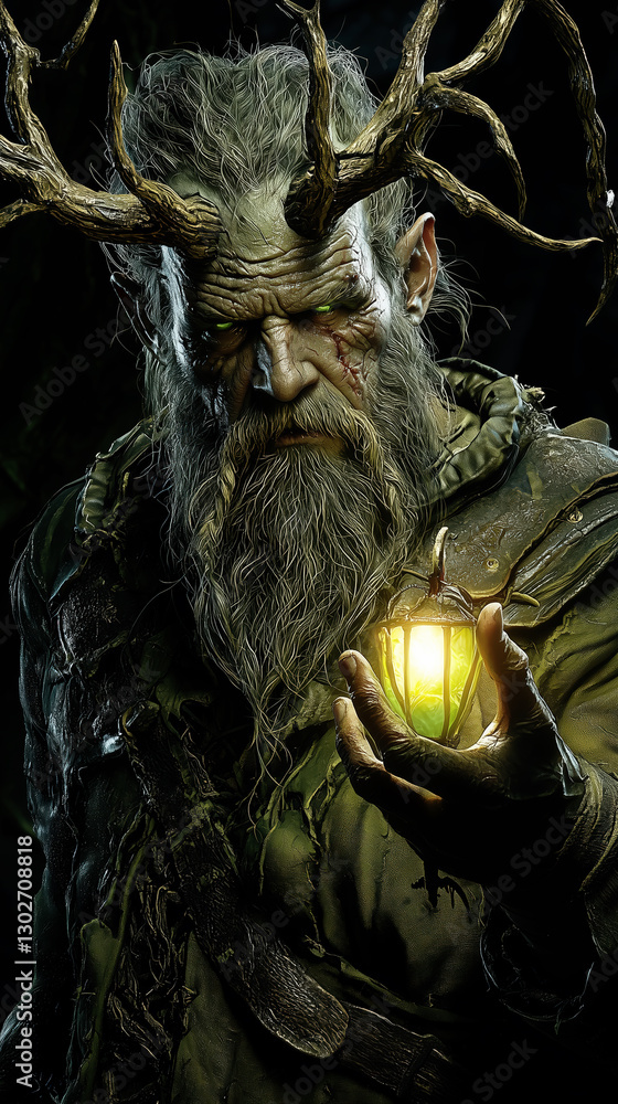Obraz premium A mystical, bearded character with antler-like branches emerging from his head holds a glowing green lamp in his hand. The atmosphere is dark and magical, suggestive of an enchanted forest