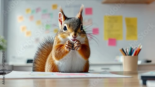A curious squirrel munching on a nut while seated at a colorful workspace filled with notes