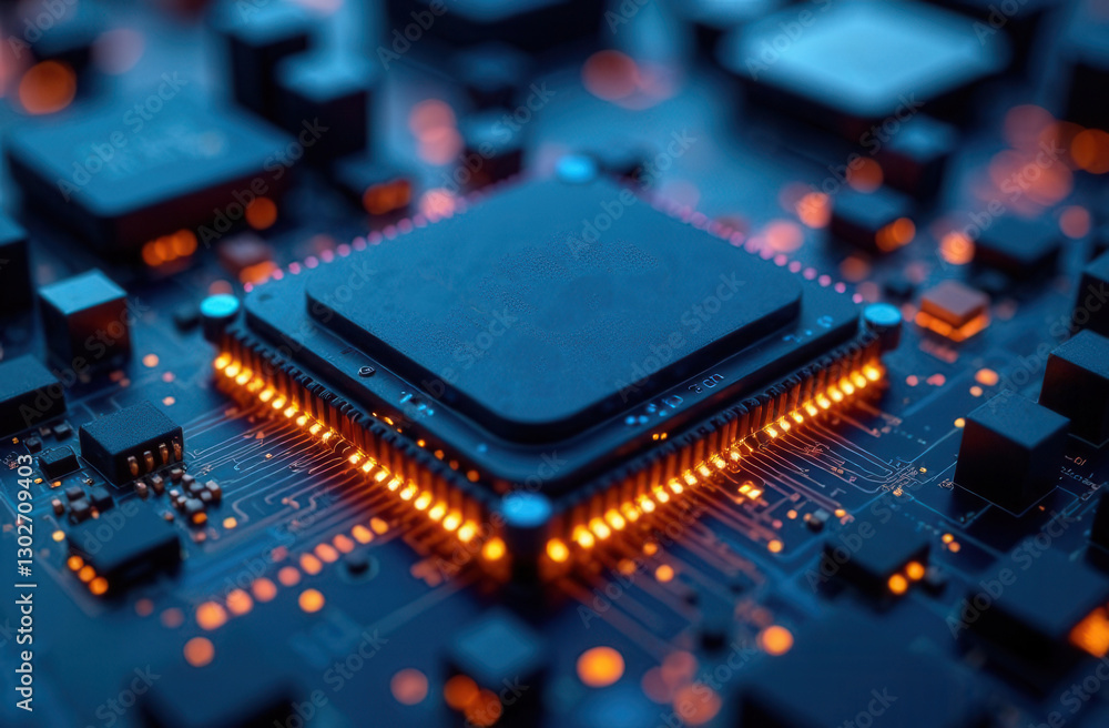 Close-up of a glowing microchip on a circuit board with led lights Close-up of a glowing microchip on a circuit board with led lights