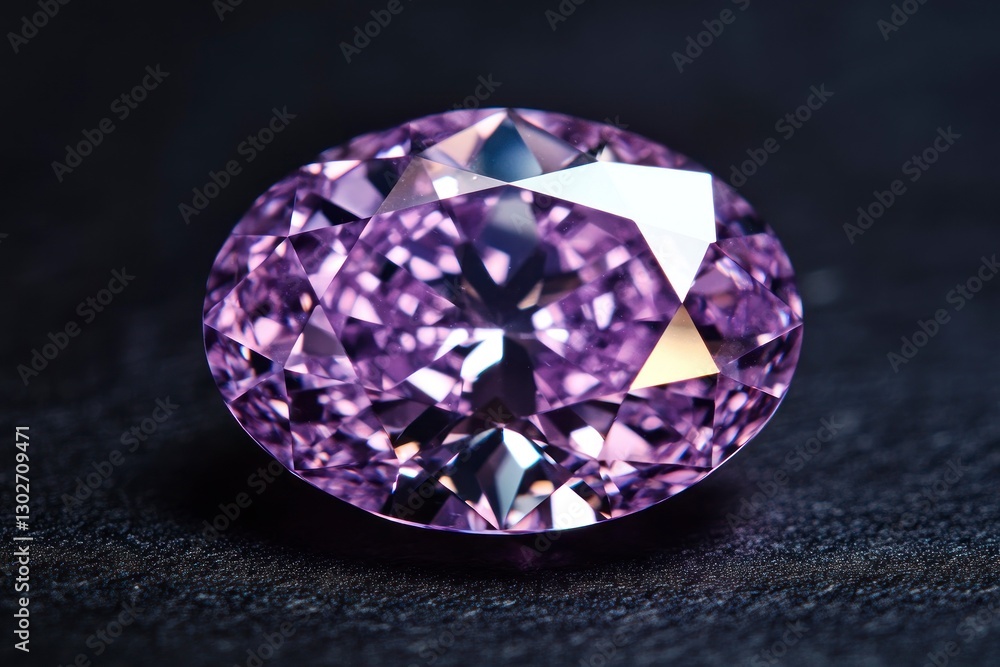 purple diamond, the same size as an oval-shaped rough, with light shining on it from above. The diamond is set against a dark background purple diamond, the same size as an oval-shaped rough, with light shining on it from above. The diamond is set against a dark background