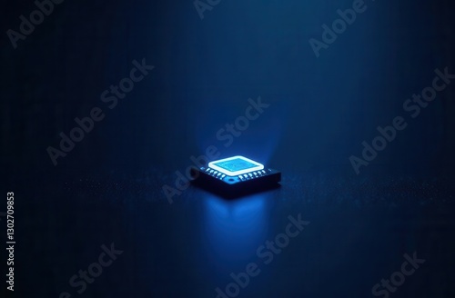 Glowing microchip on dark surface with blue lighting
