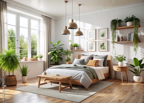 Modern Scandinavian White Bedroom Interior Design Stock Photo - Minimalist Decor  Bright Space