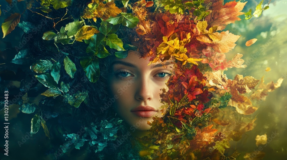 Enchanting Portrait of a Woman Surrounded by Autumn Leaves and Lush Greenery Enchanting Portrait of a Woman Surrounded by Autumn Leaves and Lush Greenery