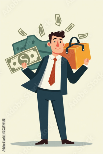 Overburdened businessman carrying multiple items, symbolizing financial responsibilities and family support obligations