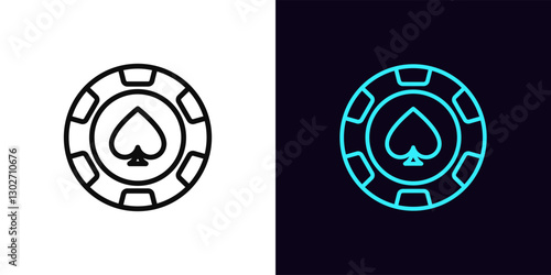 Outline spade chip icon, with editable stroke. Poker chip with spade heart, casino club. Gamble sport, poker game, casino token win, gaming chip, gambling roulette game, money reward. Vector icon