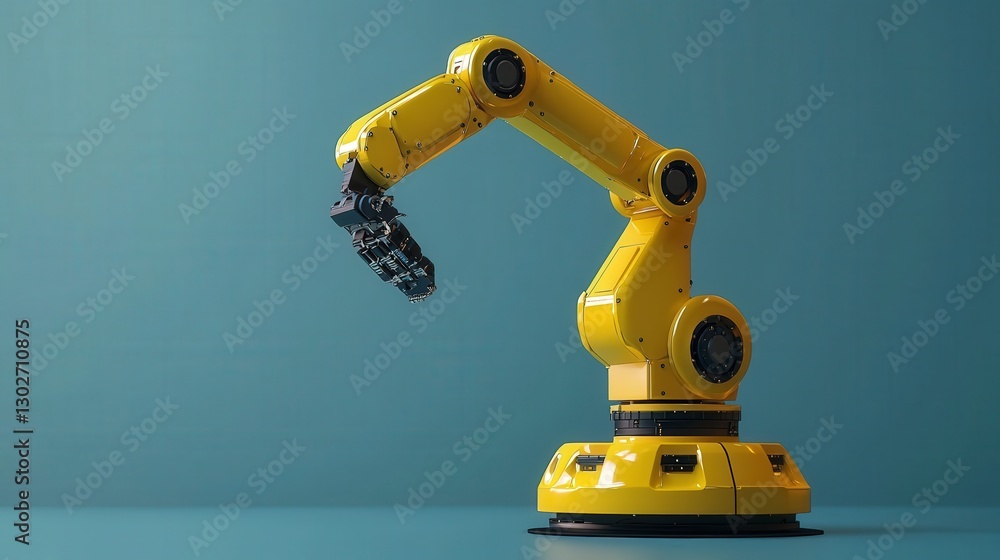 Bright yellow robotic arm on minimalistic teal background Bright yellow robotic arm on minimalistic teal background