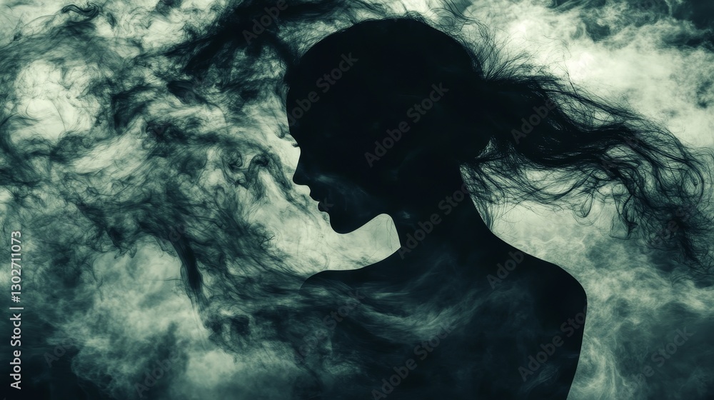 Silhouette of a Woman Surrounded by Mystical Smoke in a Dreamlike Atmosphere Silhouette of a Woman Surrounded by Mystical Smoke in a Dreamlike Atmosphere