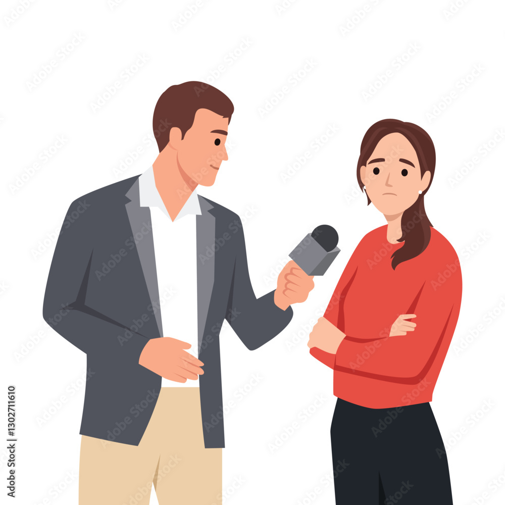 Journalist in a suit holds a microphone towards a sad woman in a red sweater with crossed arms. Flat vector illustration isolated on white background Journalist in a suit holds a microphone towards a sad woman in a red sweater with crossed arms. Flat vector illustration isolated on white background