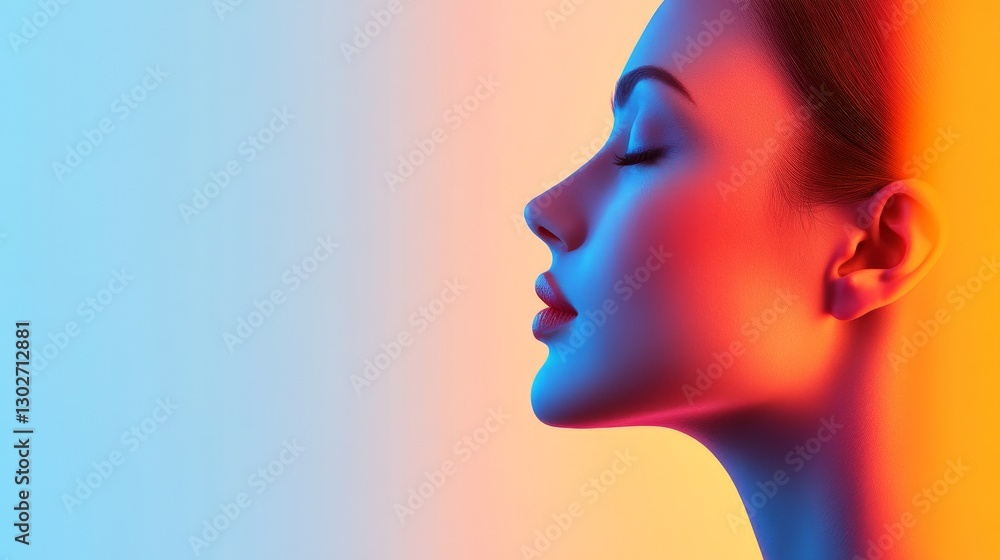 Futuristic digital profile of a woman illuminated by vibrant blue and orange lighting symbolizing artificial intelligence innovation and technology Futuristic digital profile of a woman illuminated by vibrant blue and orange lighting symbolizing artificial intelligence innovation and technology