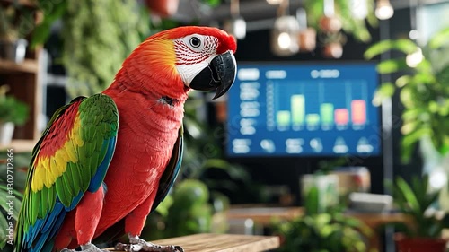 Colorful parrot perched in a vibrant indoor garden with data visualization in the background