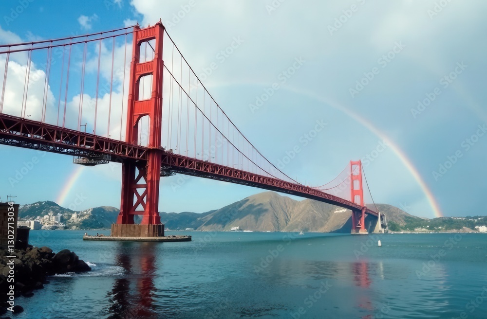 Naklejka premium Golden gate bridge with stunning double rainbow over san francisco bay
