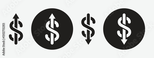 Set of vector dollar icons with arrows pointing up and down isolated. Dollar increase and decrease icon symbol. Public information symbol used for apps, web, etc. Vector illustration