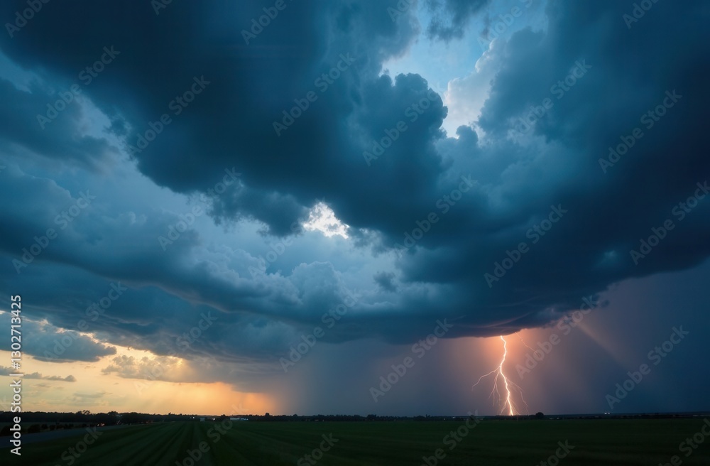 Dramatic thunderstorm over open field with striking lightning bolt Dramatic thunderstorm over open field with striking lightning bolt