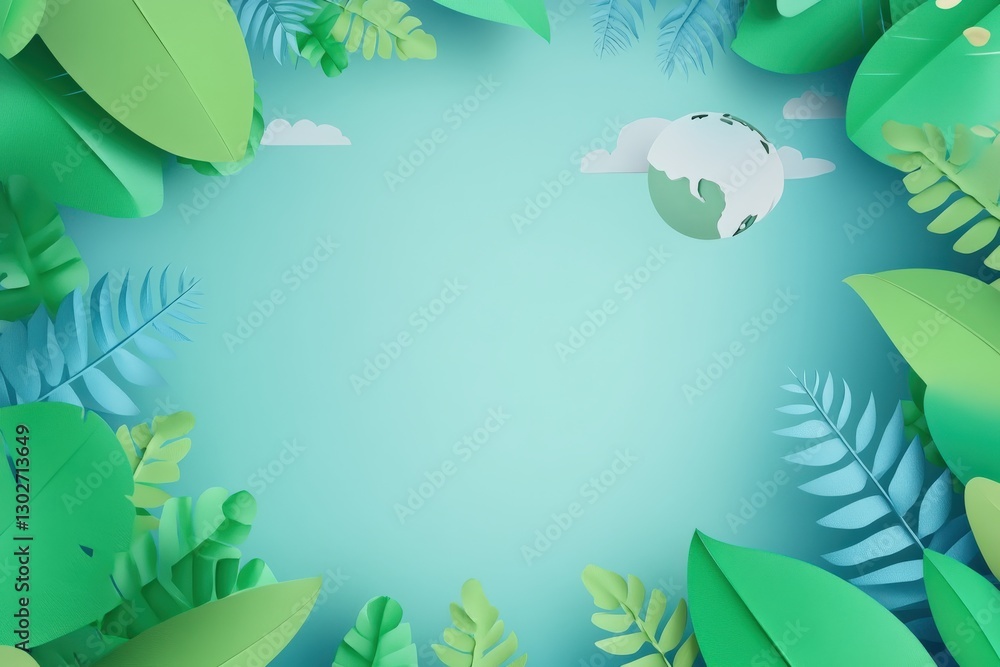 Fototapeta premium Greenery Background with Paper Leaves and Earth in the Center for Eco-Friendly Design