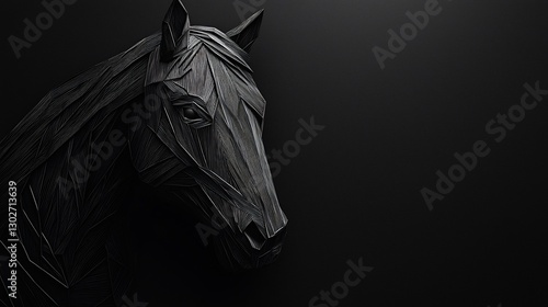Abstract low-poly black horse head on dark background.