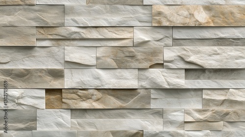 Seamless, high-quality pattern of polished stone wall cladding in soft grays and warm beige, with subtle variations and a natural sheen, suitable for large-scale applications