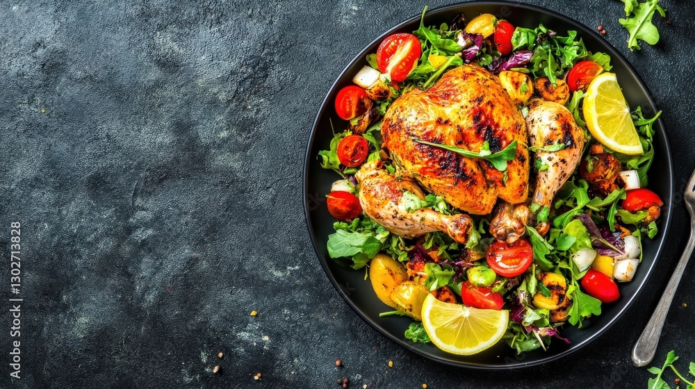 Grilled Chicken Breast Platter with Colorful Salad and Fresh Lime on Dark Background Grilled Chicken Breast Platter with Colorful Salad and Fresh Lime on Dark Background