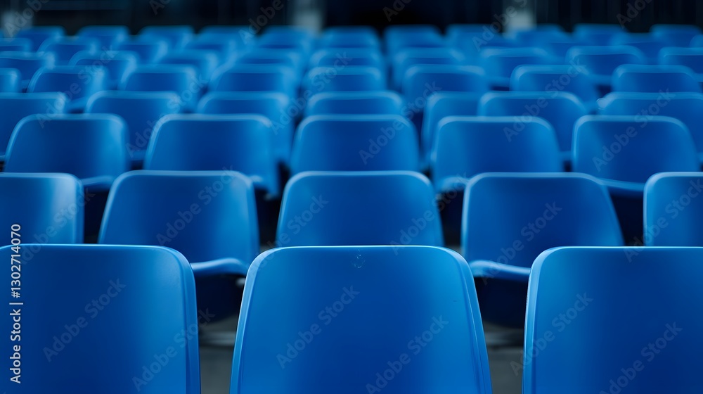 Rows of empty blue seats in an auditorium setting