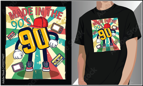 Made In The 90's T Shirt Design, 90's Theme Party Costume Vector, 1990s Fashion, Retro Cassette Tape T-Shirt, 90's Vibe Retro Vibes Nostalgic Illustration, Vintage 90s Vector Illustration.