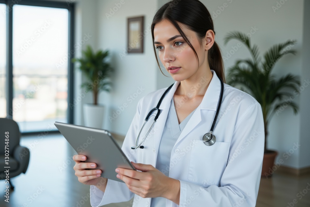 Focused Female Doctor in White Coat Using Tablet in Modern Medical Office with Lush Greenery and Bright Windows, Demonstrating Technology in Healthcare Focused Female Doctor in White Coat Using Tablet in Modern Medical Office with Lush Greenery and Bright Windows, Demonstrating Technology in Healthcare