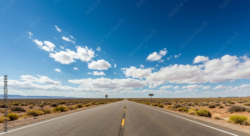 Naklejka premium Scenic desert highway under a blue sky with fluffy clouds offers open road feeling