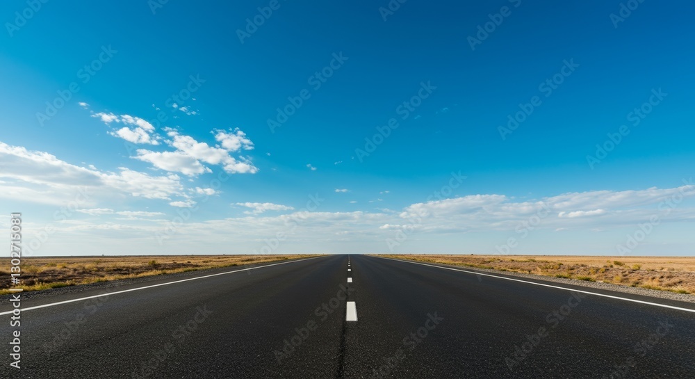 Naklejka premium Endless asphalt road stretching towards horizon under expansive blue sky