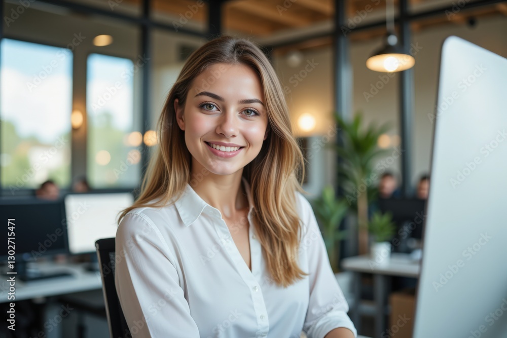 Fototapeta premium Confident Young Caucasian Woman Smiling at Desk in Modern Office Environment with Computer and Colleagues in the Background