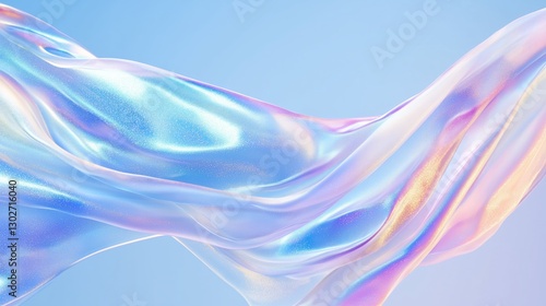 Iridescent, holographic fabric flows ethereally in the wind against a light blue sky, shimmering with subtle glitter and conveying tranquility