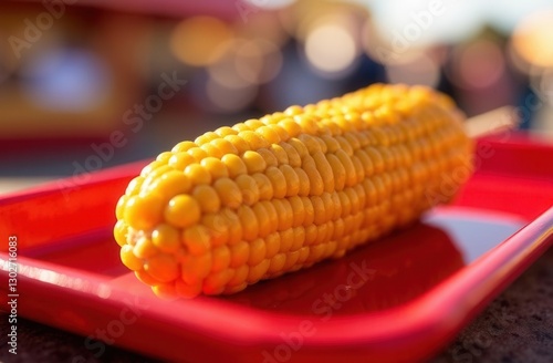 Grilled corn on red tray with blurred background at outdoor market photo