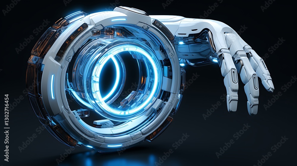 3D cybernetic robotic arm presenting a glowing, levitating circular core with AI-inspired details