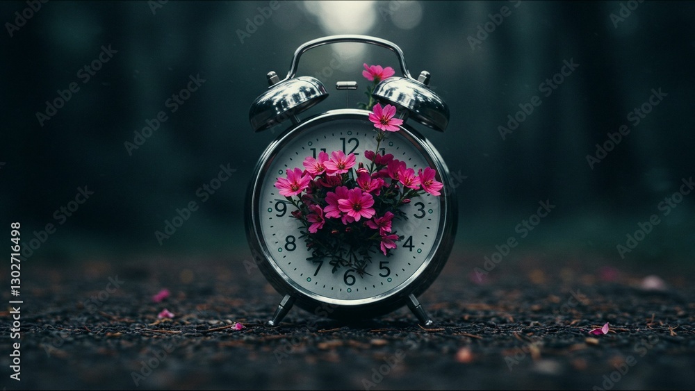 Fototapeta premium Vintage alarm clock with blooming flowers