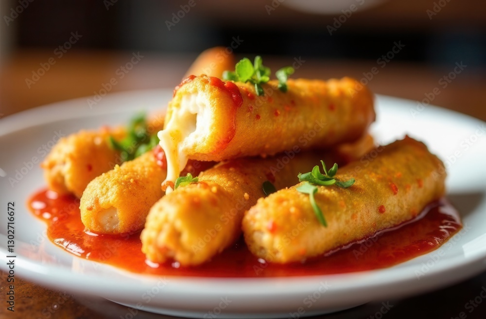 Crispy mozzarella sticks with marinara sauce and fresh herbs on white plate Crispy mozzarella sticks with marinara sauce and fresh herbs on white plate