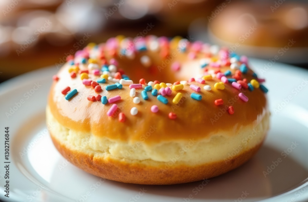 Delicious glazed donut with colorful sprinkles on white plate in soft focus Delicious glazed donut with colorful sprinkles on white plate in soft focus
