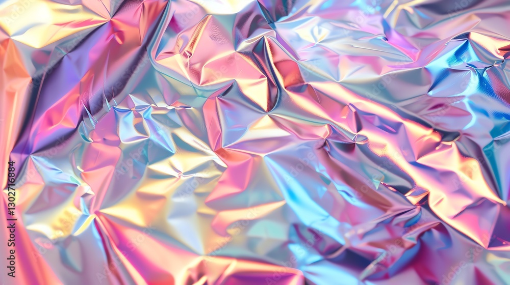 A close-up of crumpled iridescent foil with shades of pink, blue, and gold. A close-up of crumpled iridescent foil with shades of pink, blue, and gold.