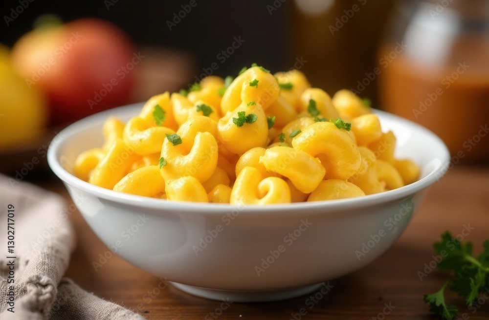 Creamy macaroni and cheese in white bowl with garnish Creamy macaroni and cheese in white bowl with garnish