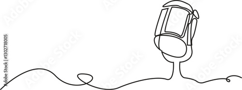 A line of podcast and music microphone. Vintage old microphone in simple linear style for banner music, news, webinar, online training. Doodle vector illustration.