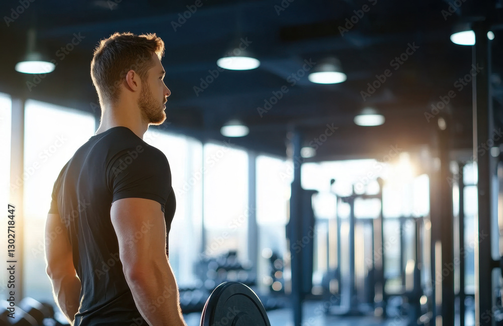 Fototapeta premium Young caucasian male in gym lifting weights