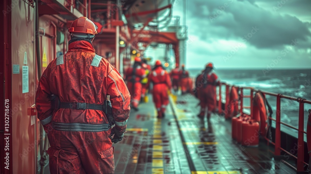 Obraz premium Offshore workers in red suits walk on stormy sea deck