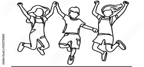 Continuous line art, or One Line Drawing of a group of friends, girl jumping, friendship heart, beautiful happiness, vector