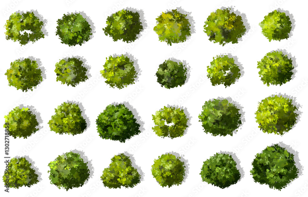Vertor set of green tree with shadow,plants top view for landscape plan,schematic layout,eco environment concept design,watercolor greenery illustration Vertor set of green tree with shadow,plants top view for landscape plan,schematic layout,eco environment concept design,watercolor greenery illustration