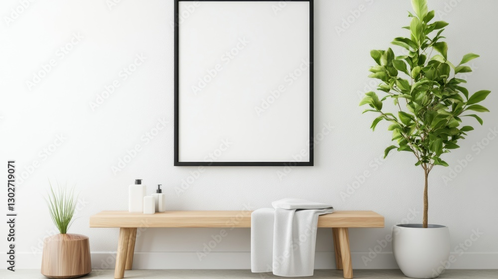 Fototapeta premium Minimalist interior with wooden bench and greenery in modern living space