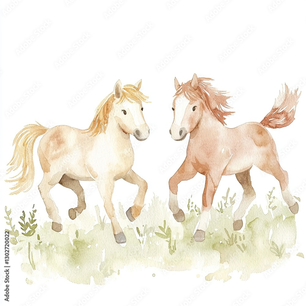 Obraz premium Two Watercolor Ponies Playing in a Meadow Adorable Farm Animals Springtime Scene